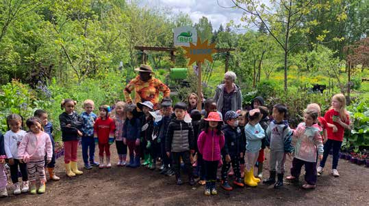 A group of children with educators in a community garden